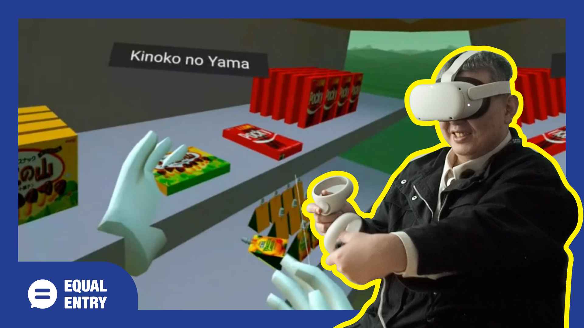 A young man wearing a Quest 2 headset navigates a virtual convenience store.
