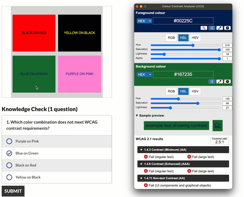 A quiz of knowledge check about color contrast. Four radio buttons to choose which of the four fails the color contrast requirement.